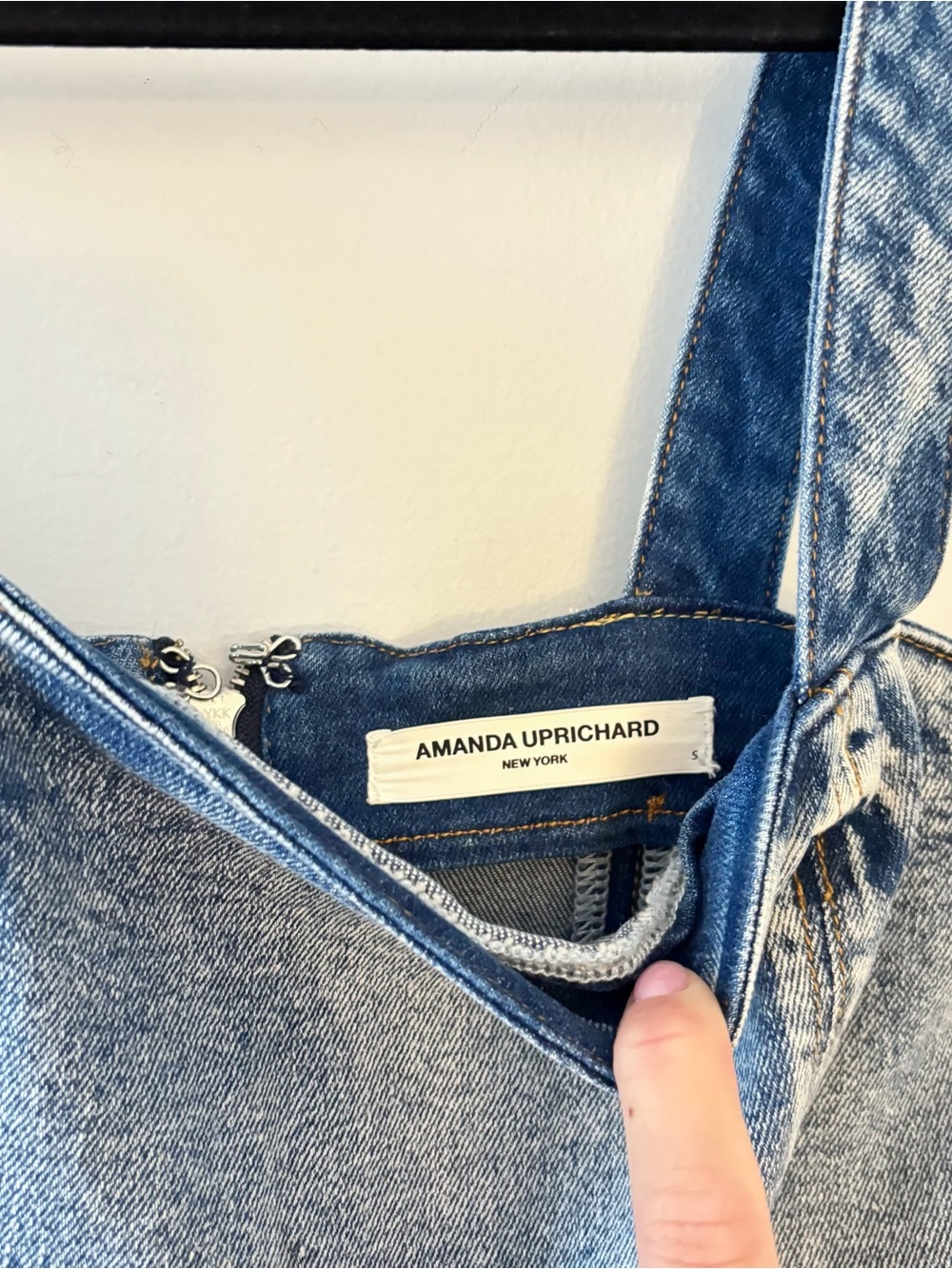 Amanda Uprichard Piper Romper in Denim Mini Dress Square Neckline Stretch Jean - Picture 5 of 7